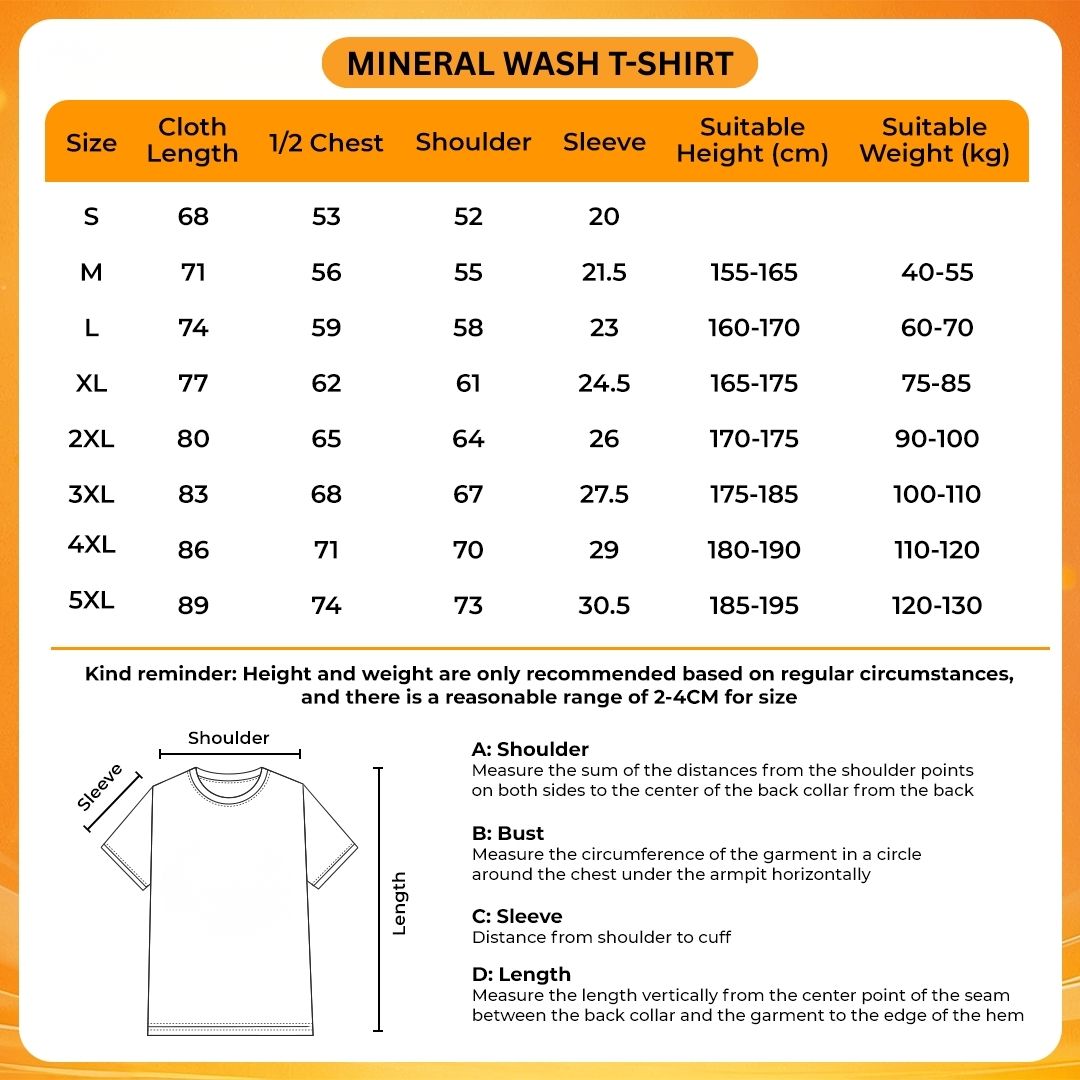 Mineral Wash T Shirt Size Chart - YuYu Hakusho Store